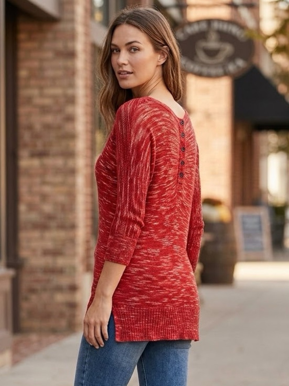 Lucky Brand Space Dye Tunic Sweater Red Button Back Long Sleeve Size M